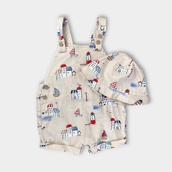 Mayoral Printed Two Piece Dungarees and Sun Hat Set 6-9 Months - Picture 1 of 13